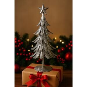 16” Silver Hammered Metal Christmas Tree w/ Star Rustic Holiday Decor